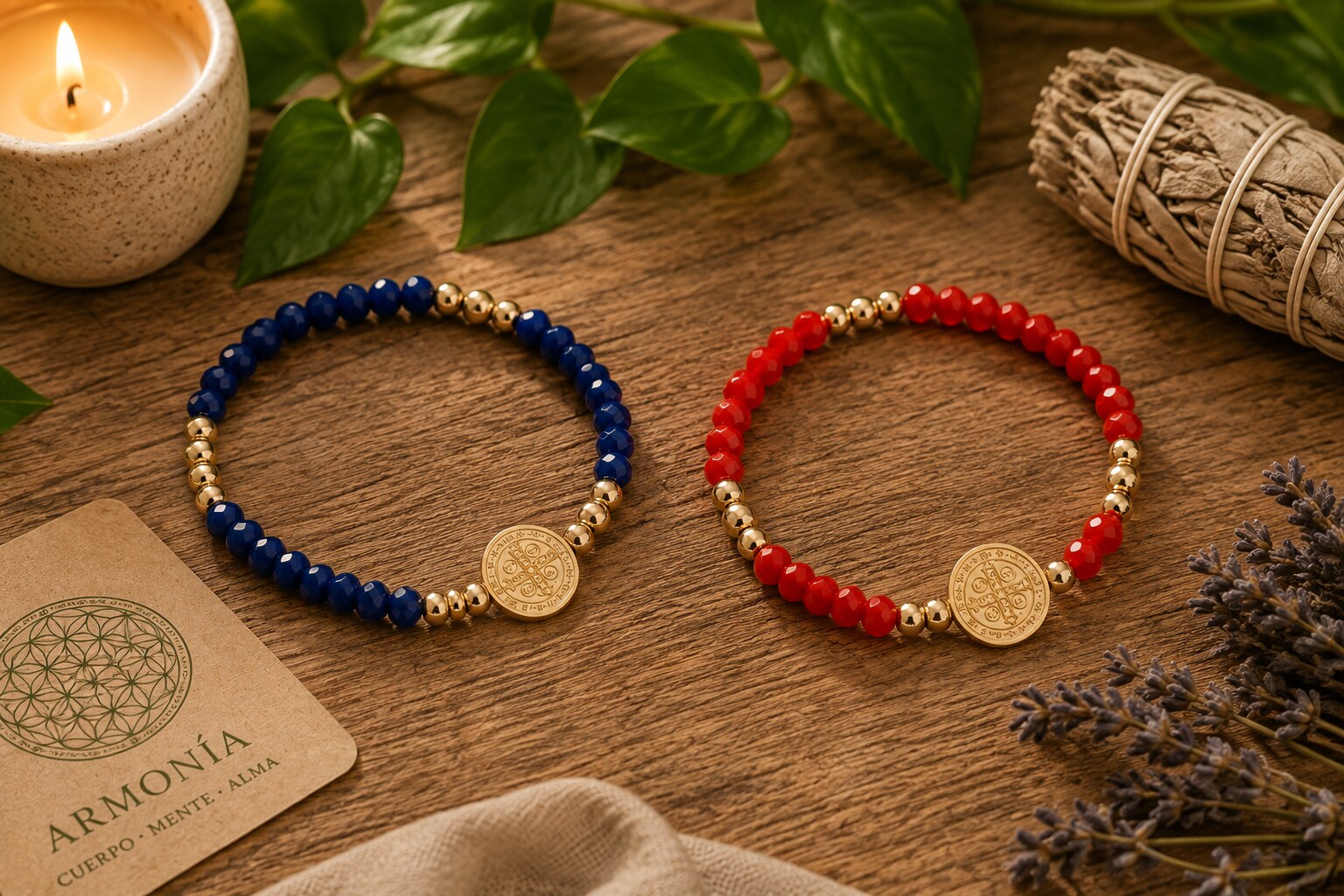 Pulseras Cristales San Benito · Azul y Rojo