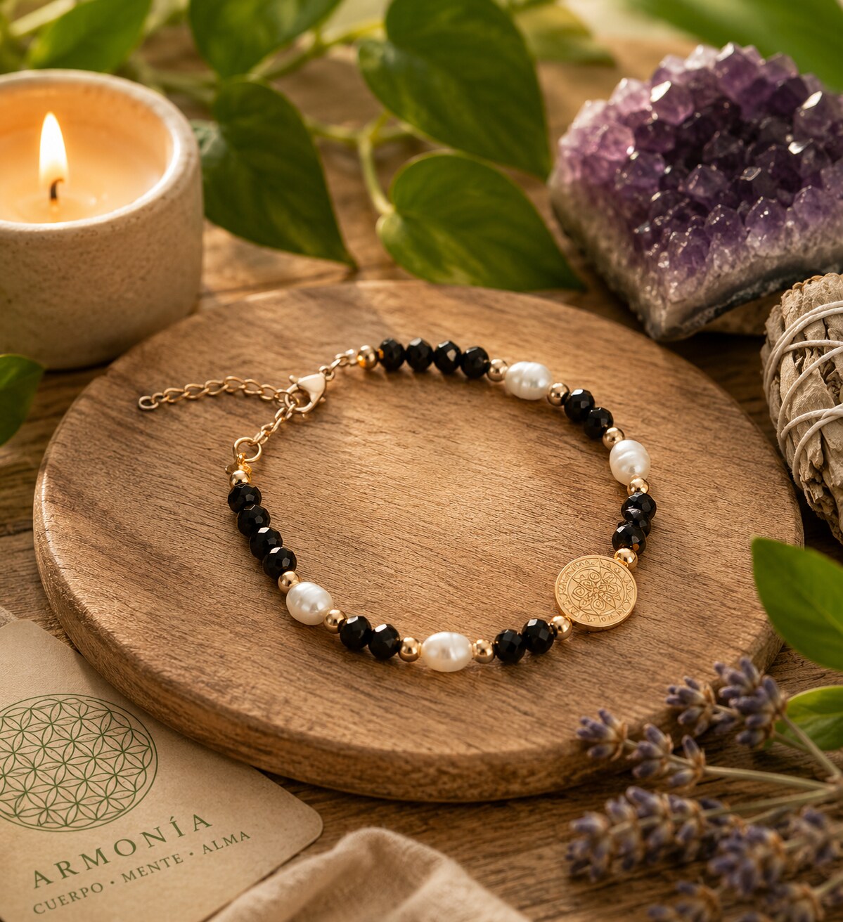 Pulsera Cristales Negros y Perlas